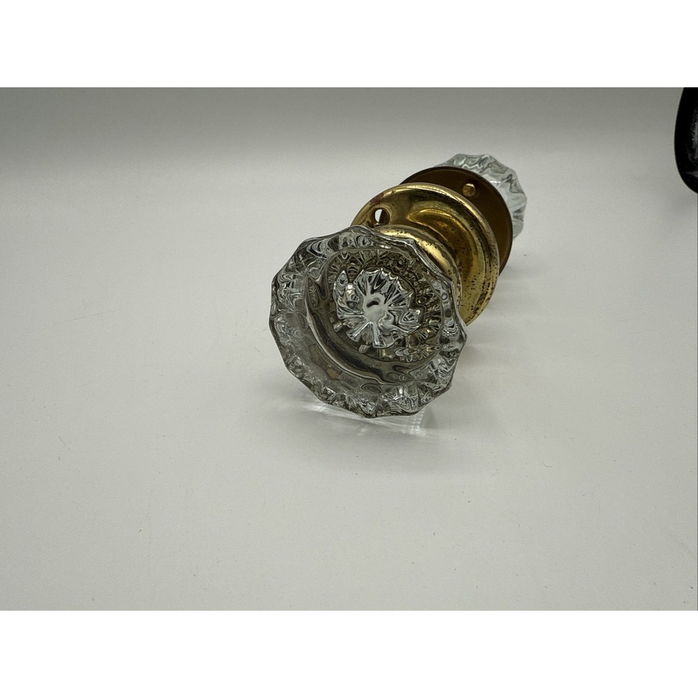 Antique Vtg Faceted Glass Door Knob Set Gold Tone Hardware Crystal Octagon Shape